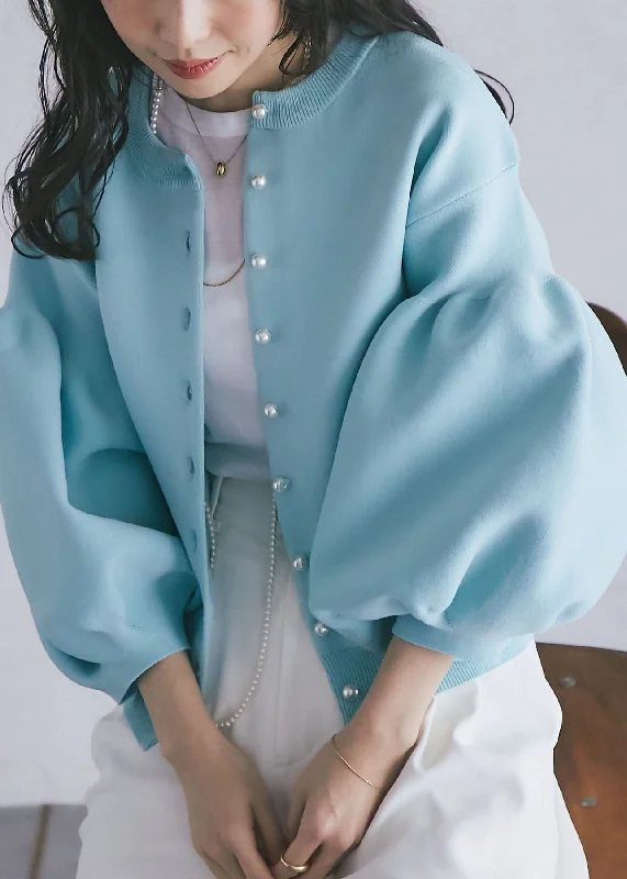 French Blue O Neck Patchwork Cotton Jackets Lantern Sleeve Notch Collar Jacket Peter Pan Collar Jacket Cowl Neck Jacket