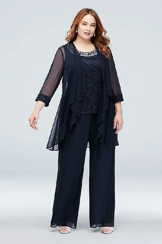 Mother of The Bride Dress  Plus Size Waterfall Glitter Lace Chiffon Plus Size Set 3pcs Suit  Jacket Top and Pant Plaid Jacket Tartan Jacket Houndstooth Jacket