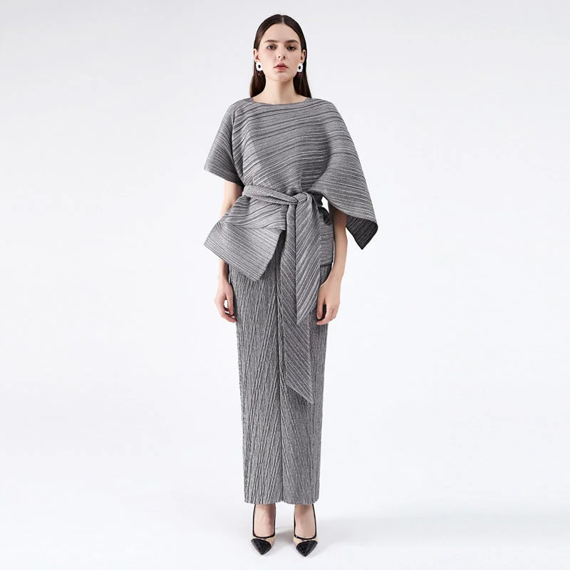 2pcs Miyake Pleated Jacket & Maxi Dress with Belt Wool Jacket Cashmere Jacket Tweed Jacket