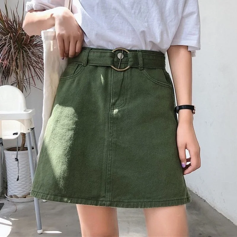 5 Colors Women's Skirt Summer High Waist Skirts Womens Casual Korean A-line Mini Skirt Harajuku Minimalism Denim Skirt With Belt flowy skirt hem