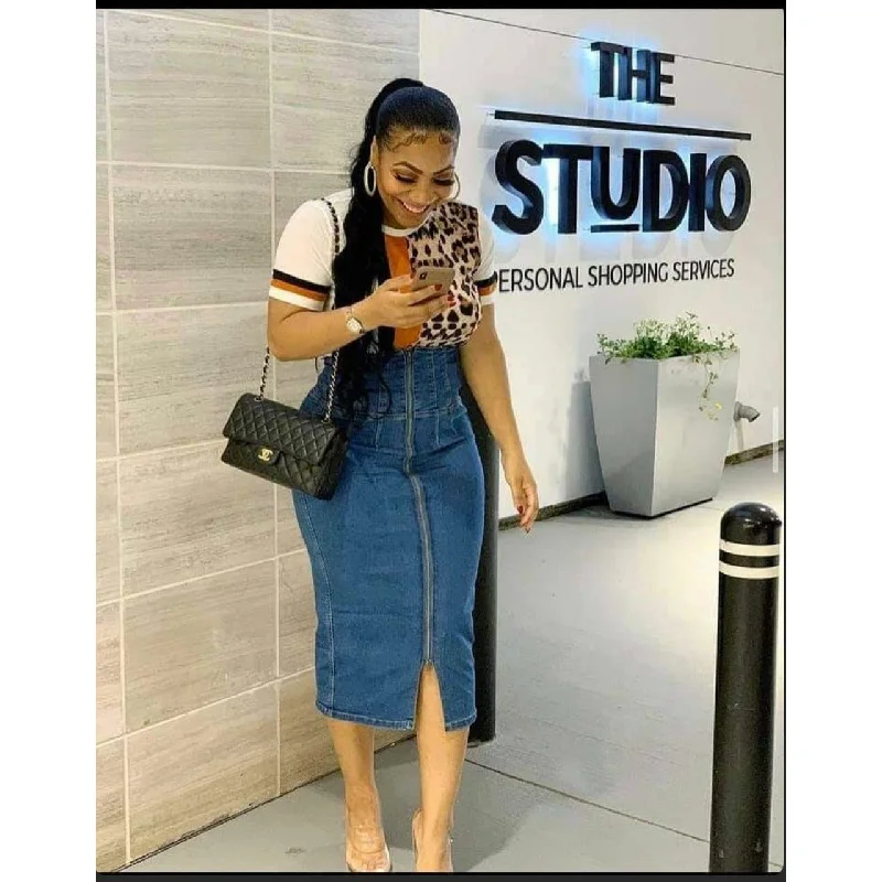 Button Up Denim Skirt elastic waist skirt