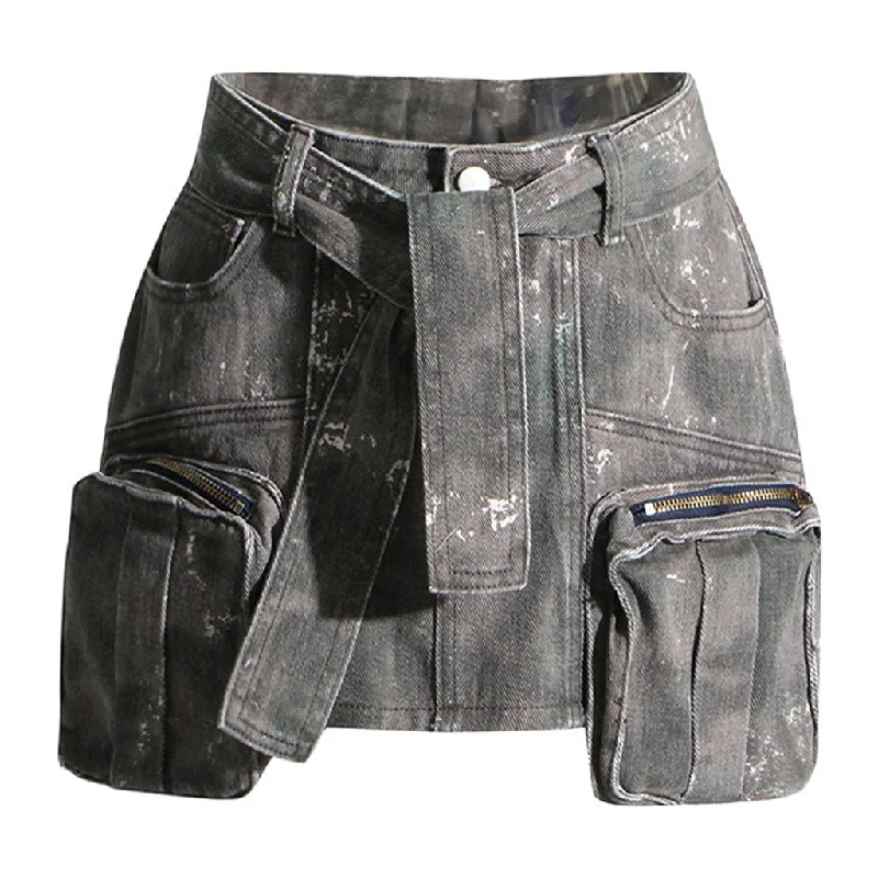 Deconstructed Cargo Pocket Distressed Print Belted High Waist Denim Mini Skirt asymmetrical skirt cut