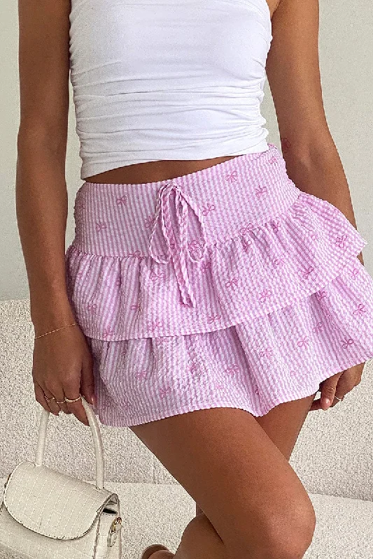 Pink Stripe Ruffle Mini Skirt High Rise Shirred Back Tiered leather skirt modern