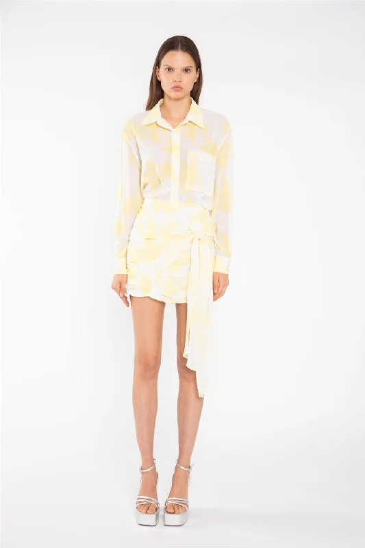 Yellow Print-Chiffon Ruched Tie-Front Mini-Skirt pleated skirt texture