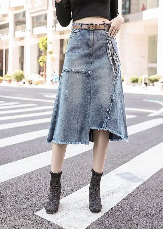 Art Light Blue Asymmetrical Patchwork High Waist Denim Skirt Summer high slit skirt