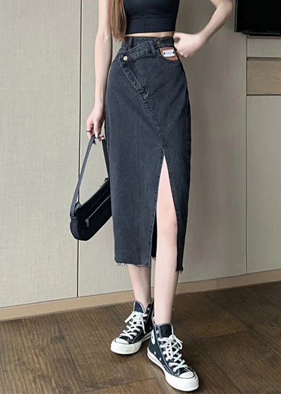 Black High Waist Pockets Button Solid Denim A Line Skirt chiffon skirt lightweight