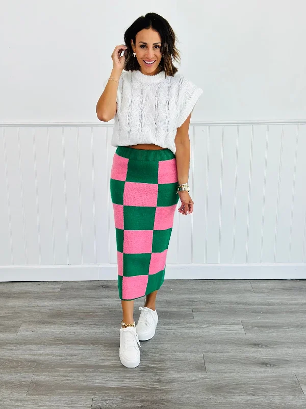 Green/Pink Checkered Knit Pencil Midi Skirt (Reg. and Plus) leather skirt sleek