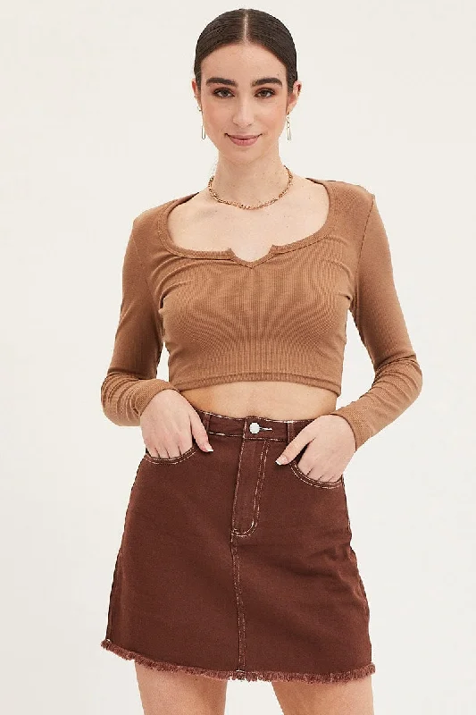 Brown Mini Skirt High Rise Fray Hem linen skirt natural