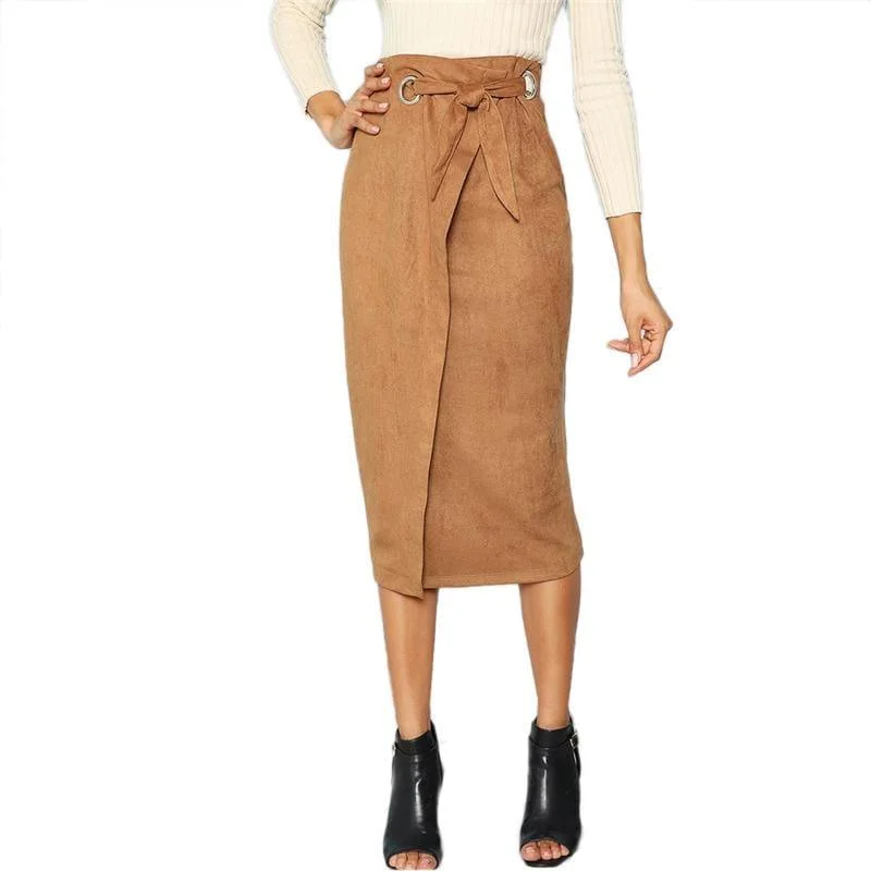 Brown Tie Waist Bodycon Zip Back Mid-Calf Wrap Knot Back Split Pencil Midi Skirt satin skirt smooth