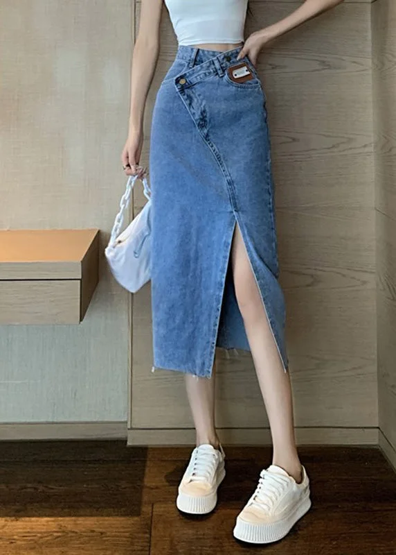 Chic Blue Side Open Asymmetrical Patchwork Denim Maxi Skirts Summer slim fit skirt