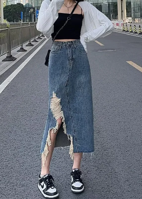 Chic Denim Blue Asymmetrical Patchwork Pockets A Line Skirt wool skirt breathable