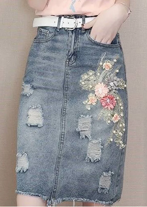 Classy Blue Pockets Nail Bead Hole Sashes Denim Skirts Summe lace skirt romantic