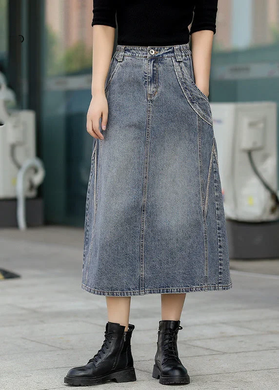 Classy Denim Blue Patchwork Elastic Waist A Line Skirt boho skirt vibe