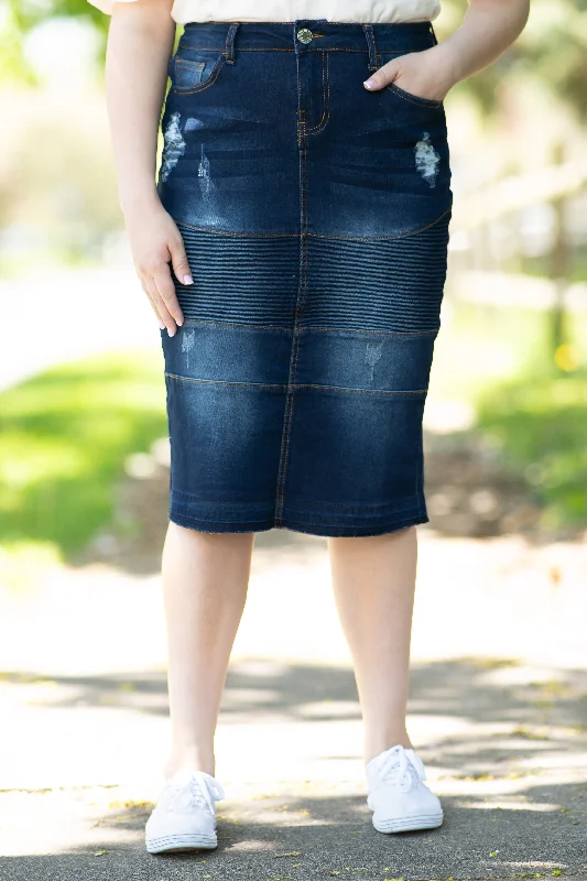 Dakotah Distressed Moto Denim Skirt in Dk. Indigo button skirt front