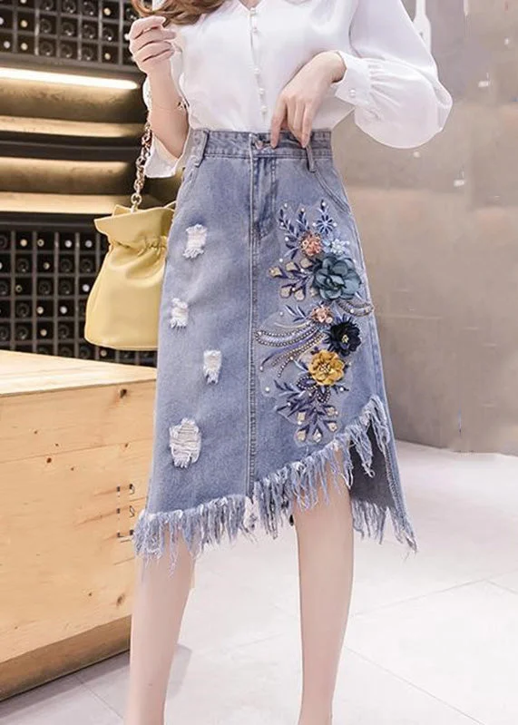 Elegant Blue Asymmetrical Patchwork Tassel Hole Denim Skirts Summer low waist skirt