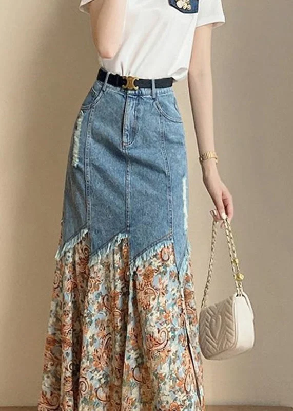 French Print Patchwork Button Denim Maxi Skirts Summer linen skirt breathable