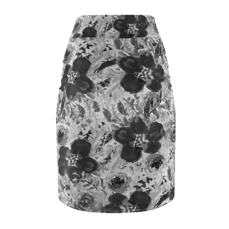 Grey Floral Women's Pencil Skirt, Gray Rose Flower Patterned Mid Waist Stretchy Skirt-Made in USA denim skirt trendy