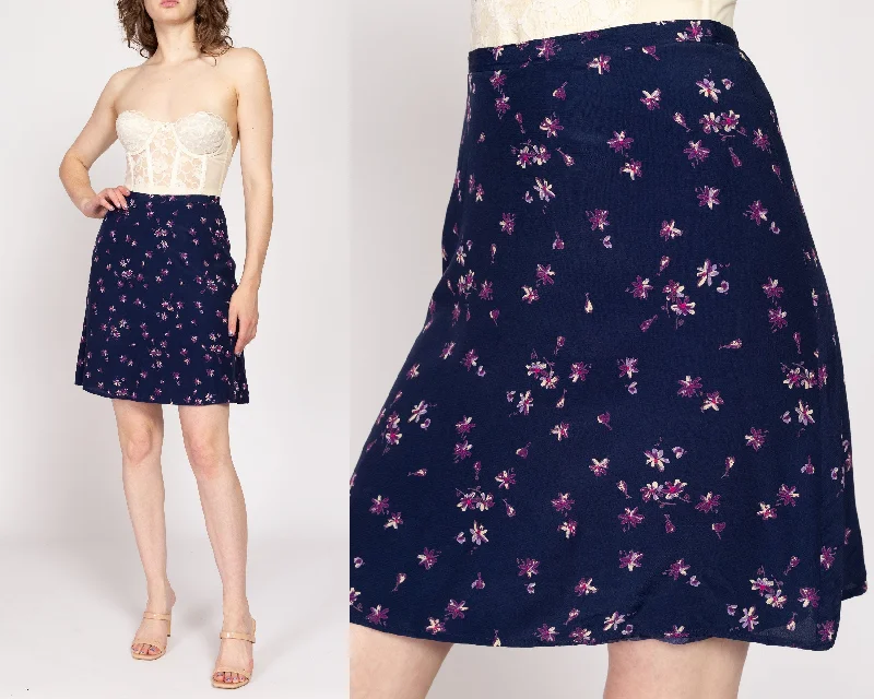 Medium 90s Navy Blue Floral Grunge Mini Skirt 27.5" wrap skirt elegant