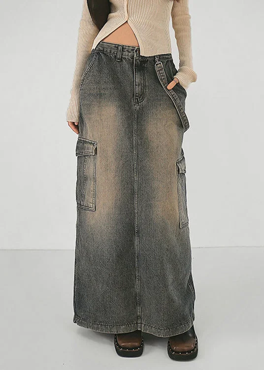 Modern Grey Pockets Side Open Patchwork Denim Maxi Skirts Fall floral skirt print