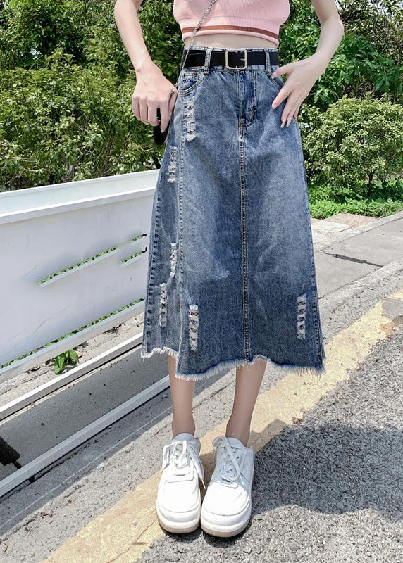 Modern Light Blue Patchwork Ripped A Line Denim Skirt zip skirt side