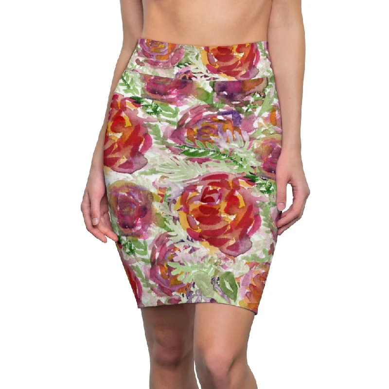 Orange Rose Women's Pencil Skirt, Floral Printed Patterned Designer Skirt For Ladies-Made in USA silk skirt lustrous