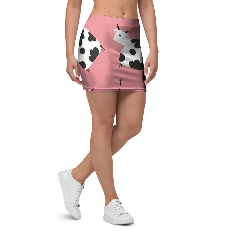 Pink Cow Pattern Print Mini Skirt silk skirt sleek