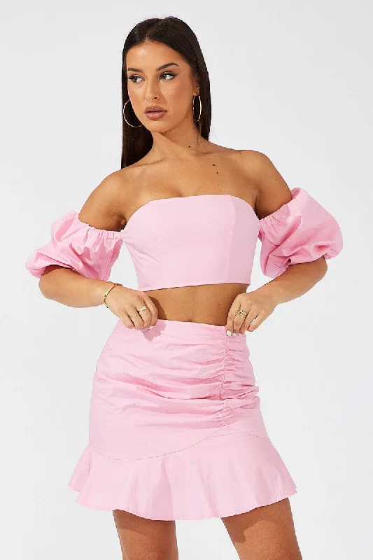 Pink Mini Skirt Ruched Detail Ruffle Hem cotton skirt soft