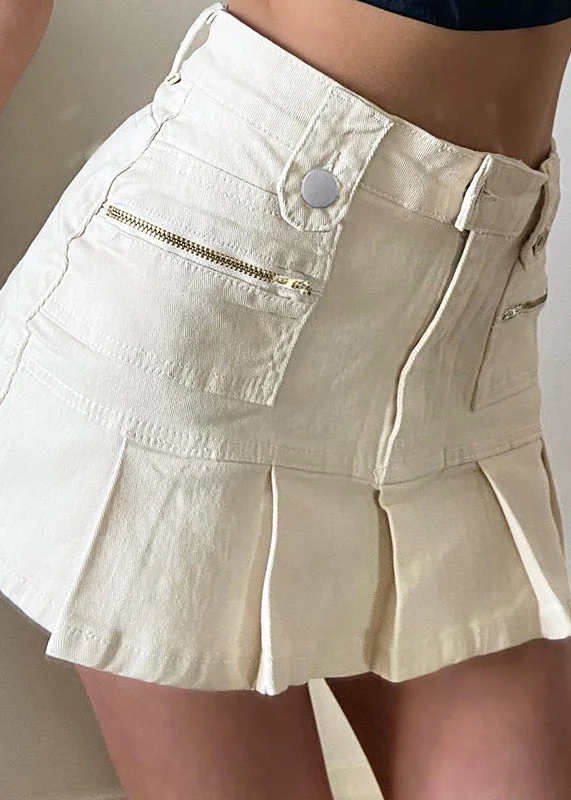 Slim Fit White Button High Waist Patchwork Denim Pleated Skirt Fall corduroy skirt durable