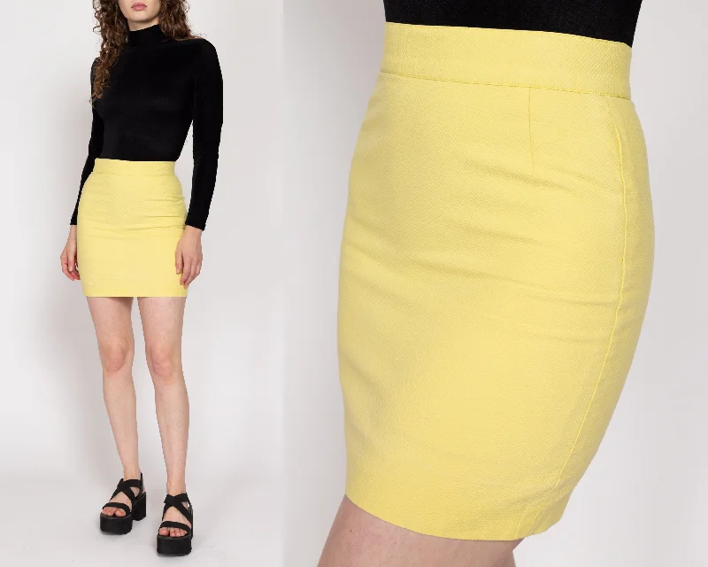 Small 80s Yellow Waffle Textured Mini Skirt 26.5" slim fit skirt