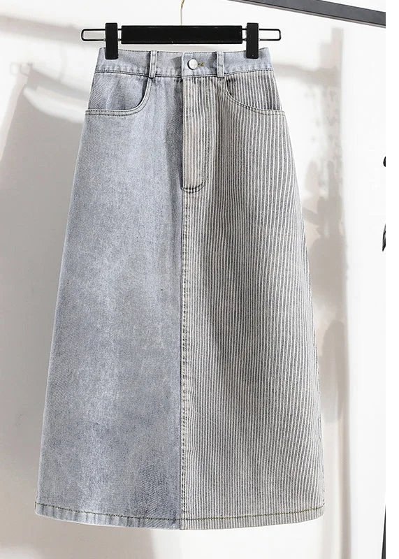 Stylish Light Blue Elastic Waist Patchwork Side Open Denim Skirt Summer velvet skirt luxurious