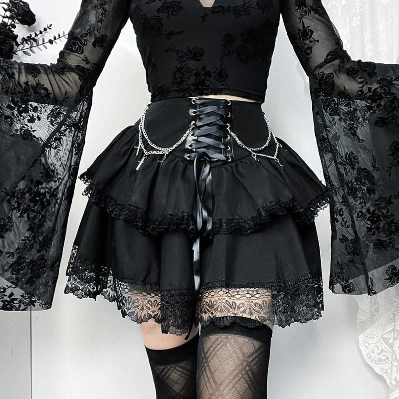 Women's Gothic Lace-up Lace Hem Skirt with Chain leather skirt bold